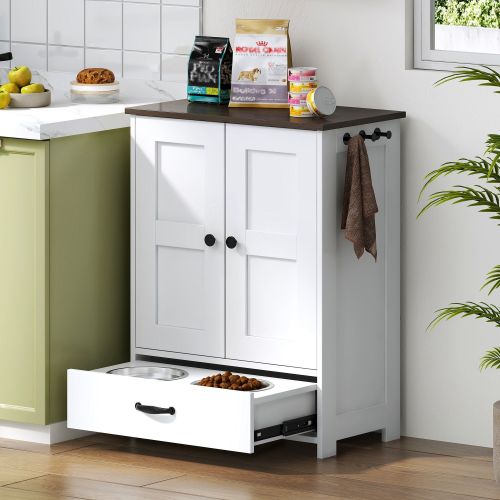 Dog Feeding Station, Dog Food Storage Cabinet with Hidden Dog Bowls, Adjustable Panel, Hooks, for Medium Sized Dogs, White Dog Feeding Station, Dog Food Storage Cabinet with Hidden Dog Bowls, Adjustable Panel, Hooks, for Medium Sized Dogs, White